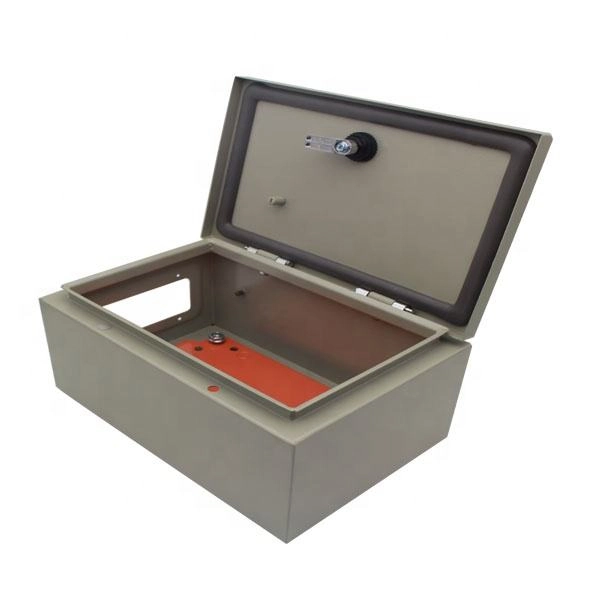 Red double-door construction site electrical distribution box